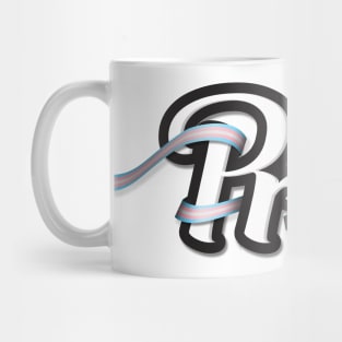 Transgender pride flag colored ribbon wrapped around the letters of the word PRIDE Mug